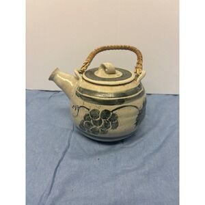 Studio Pottery Teapot OS Cream Blue Excellent Woven Handle Signed HP Floral